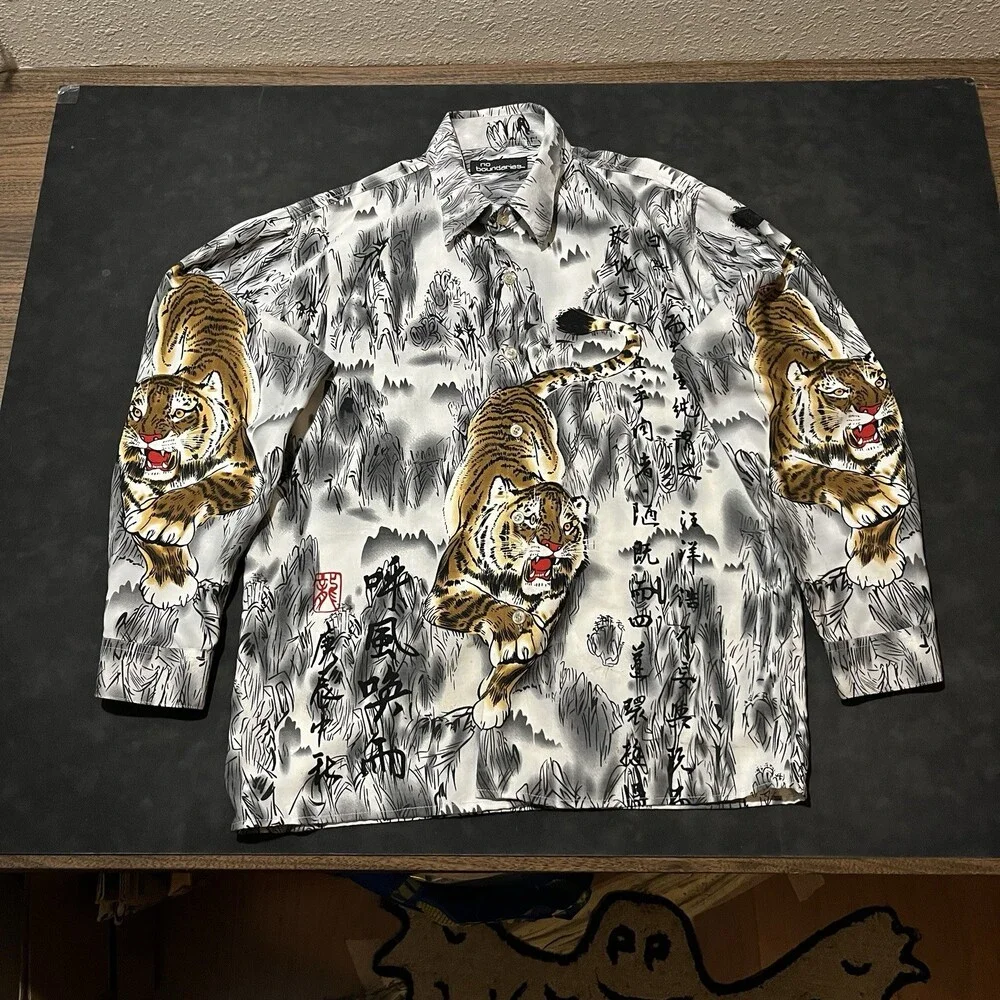 No Boundaries Green Yellow Dragon Abstract Asian Button Up Shirt Tiger Y2K AOP